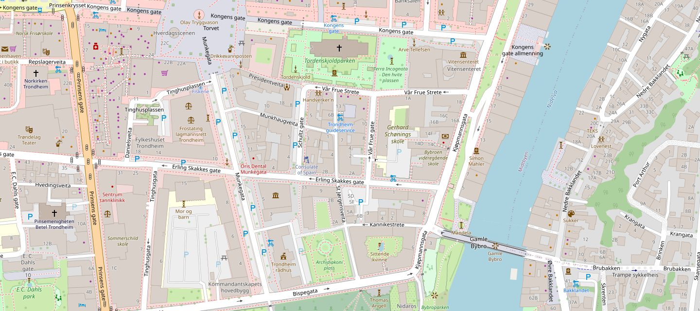 Kart over Midtbyen i Trondheim med Vår Frue gate 2 markert, ved Vår Frue kirke